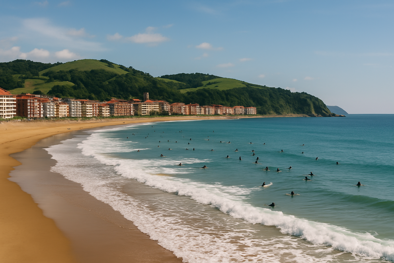 Zarautz – Surf, playa y alojamiento turístico junto al mar Playa de Zarautz con surfistas y paseo marítimo